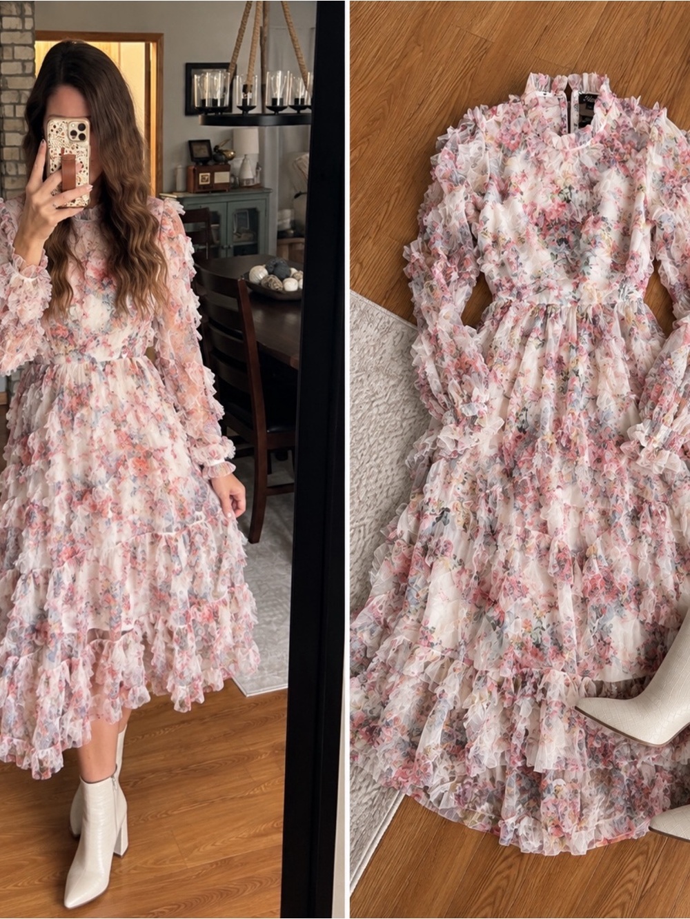 Romantic Pink Floral Ruffle Midi Dress by